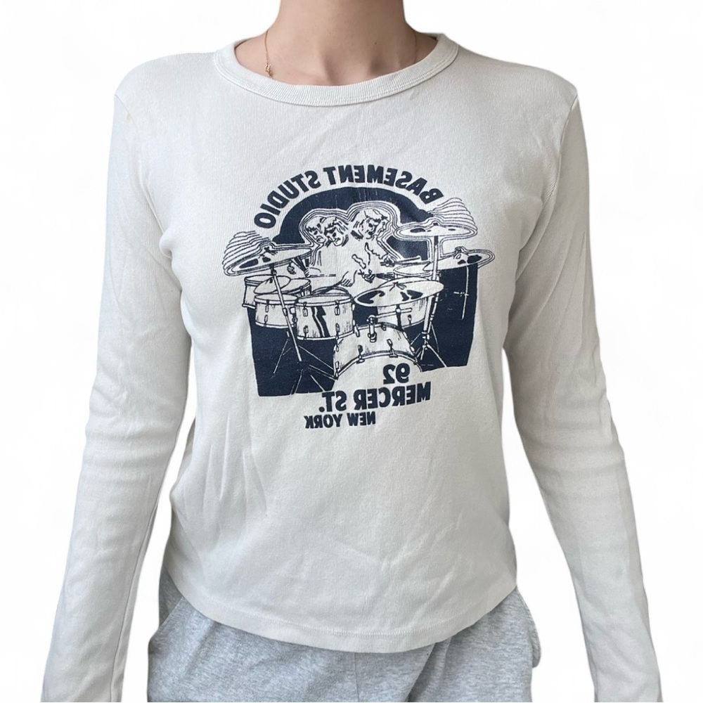 Brandy Melville Cream Tee with Blue Print